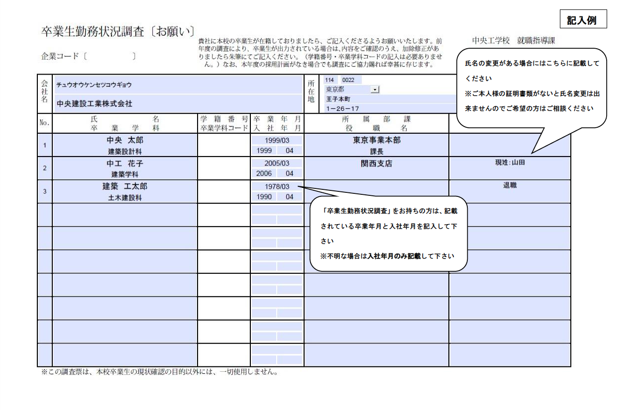 卒業生勤務状況調査・記入例